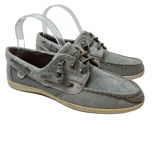 SPERRY TOP SIDER Gray Wool Blend Genuine Leather Boat Shoes Loafers Flats sz 9.5 - Picture 1 of 16